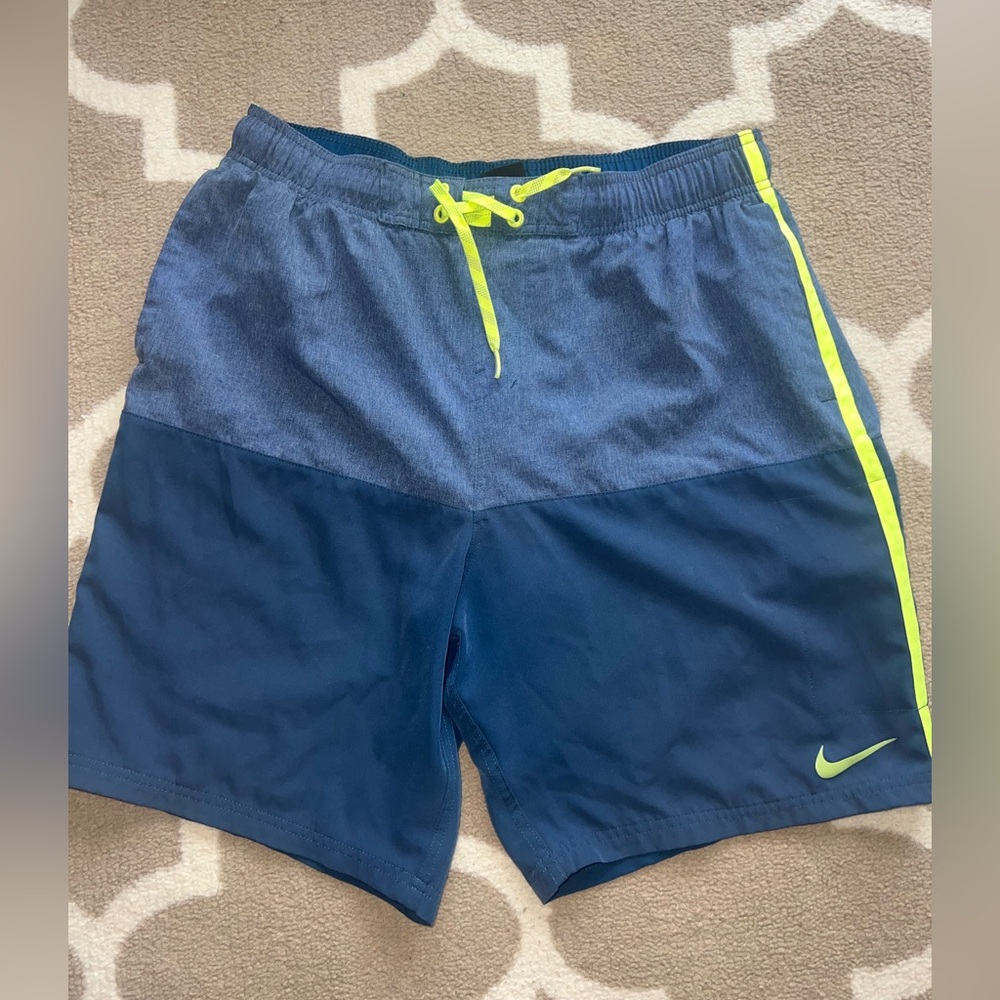Men's Navy and Heathered Blue Swim Shorts with Neon Accents